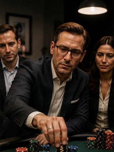Four colleagues in business clothes at a hired poker table.