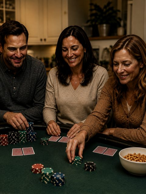 Three adults around a kitchen table with cards and a bowl of chips.