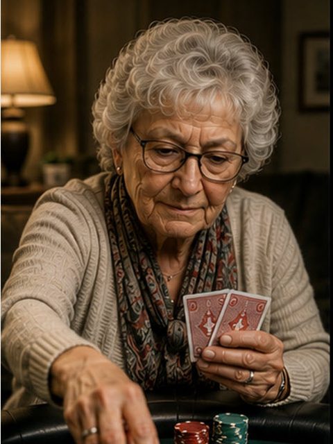 A woman in her seventies at a poker table, holding her cards up, mid-raise.
