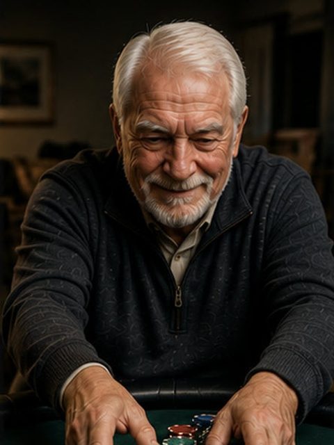 An older man pushing his chips forward, grinning.