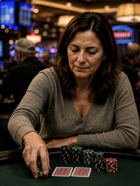 A recreational player in her forties studying the board, chips stacked in front of her.