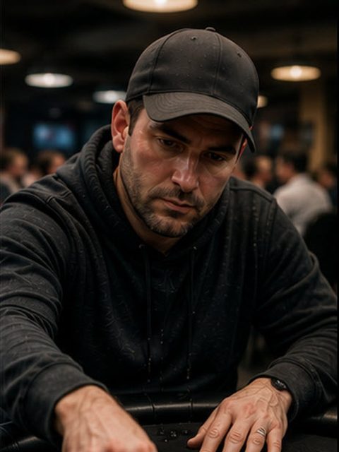 A man in a hoodie and cap at a low-stakes cash table, cards protected.