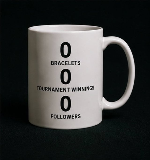 A coffee mug reading: zero bracelets, zero tournament winnings, zero followers.