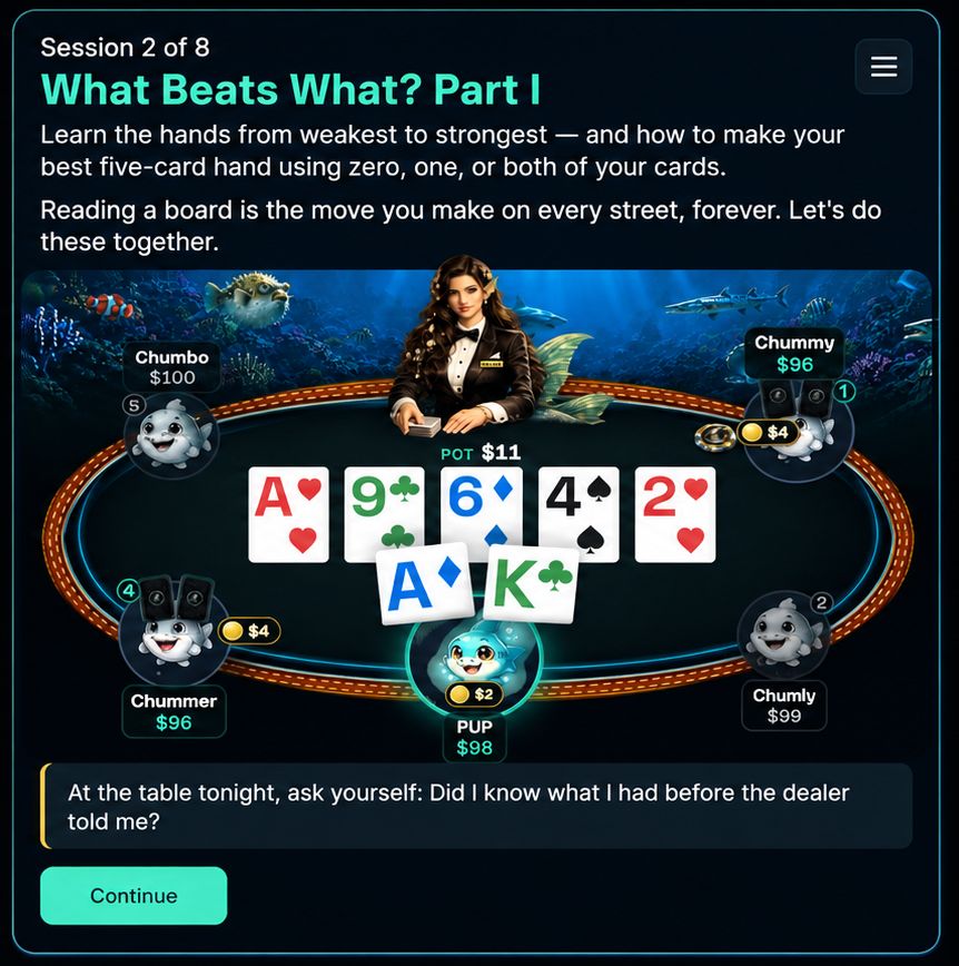 The same lesson in Felt Shark: 18px minimum type, a bright heading, a full-width Continue button and the cards drawn large.