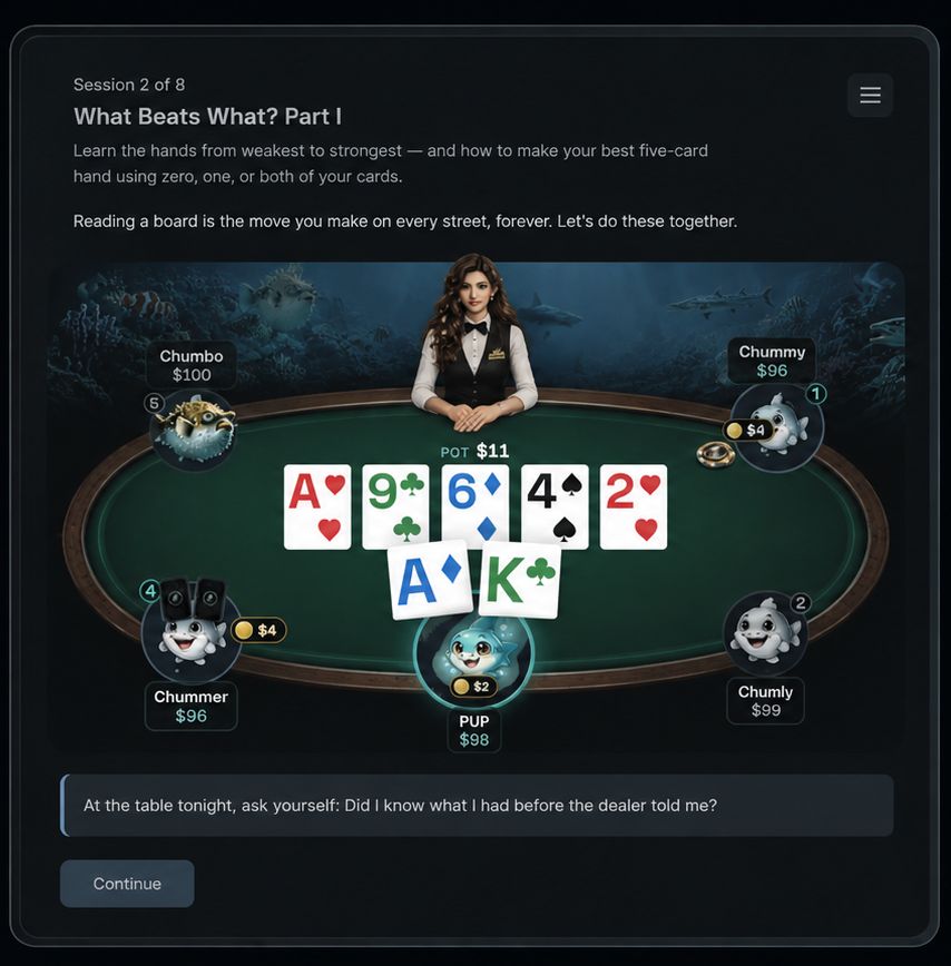 A poker lesson set in 12px type: the heading, the explanation and the coach's question are all small and low-contrast.