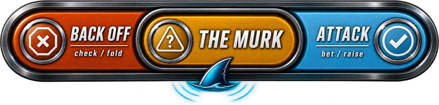 The SharkSense band: BACK OFF — check or fold — on the left,
                  THE MURK in the middle, ATTACK — bet or raise — on the right.