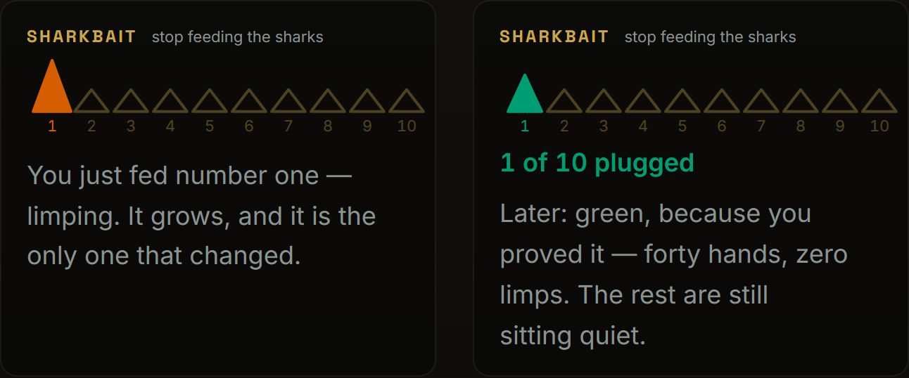 The SharkBait teeth: ten leaks in a row, dark until we are measuring one, brass once we are.