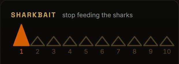 SharkBait's ten numbered teeth, with the first one lit orange.